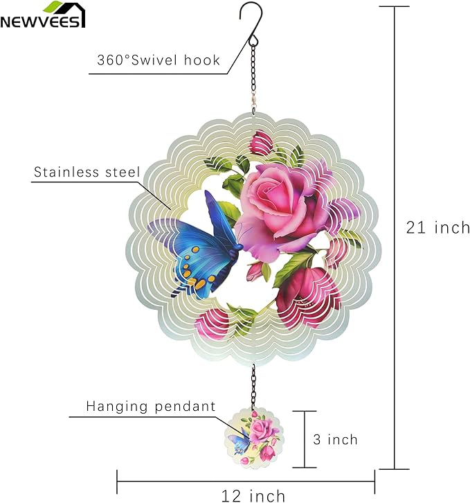 Butterfly Metal Wind Spinners - Gifts for Women Mom Grandma Wife, Hanging Wind Spinner for Outdoor & Indoor Decorations, 12 inch Wide, 21 inch Long, Wind Spinner for Christmas Ornament Gifts