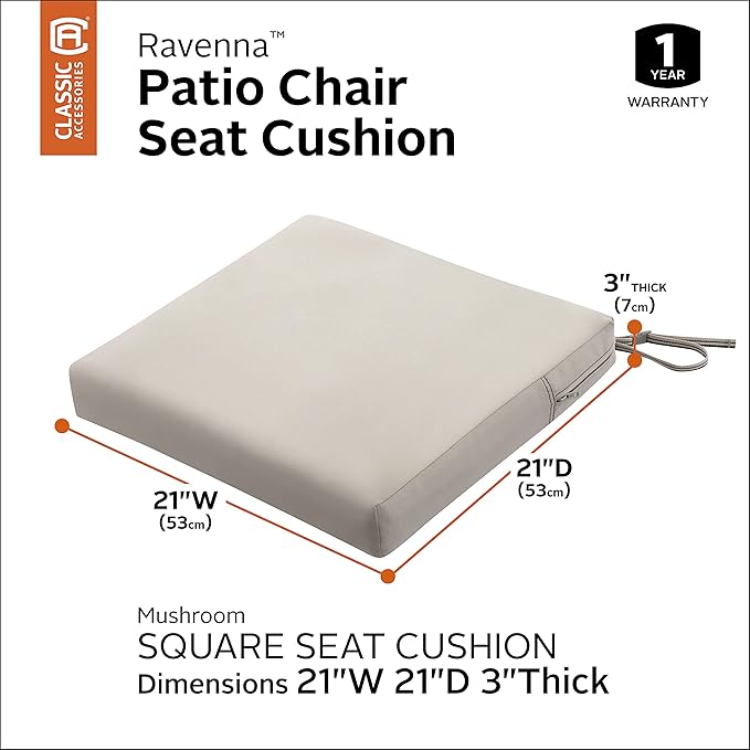 Classic Accessories Ravenna Water-Resistant 21 x 21 x 3 Inch Patio Seat Cushion, Mushroom, Chair Seat Cushion