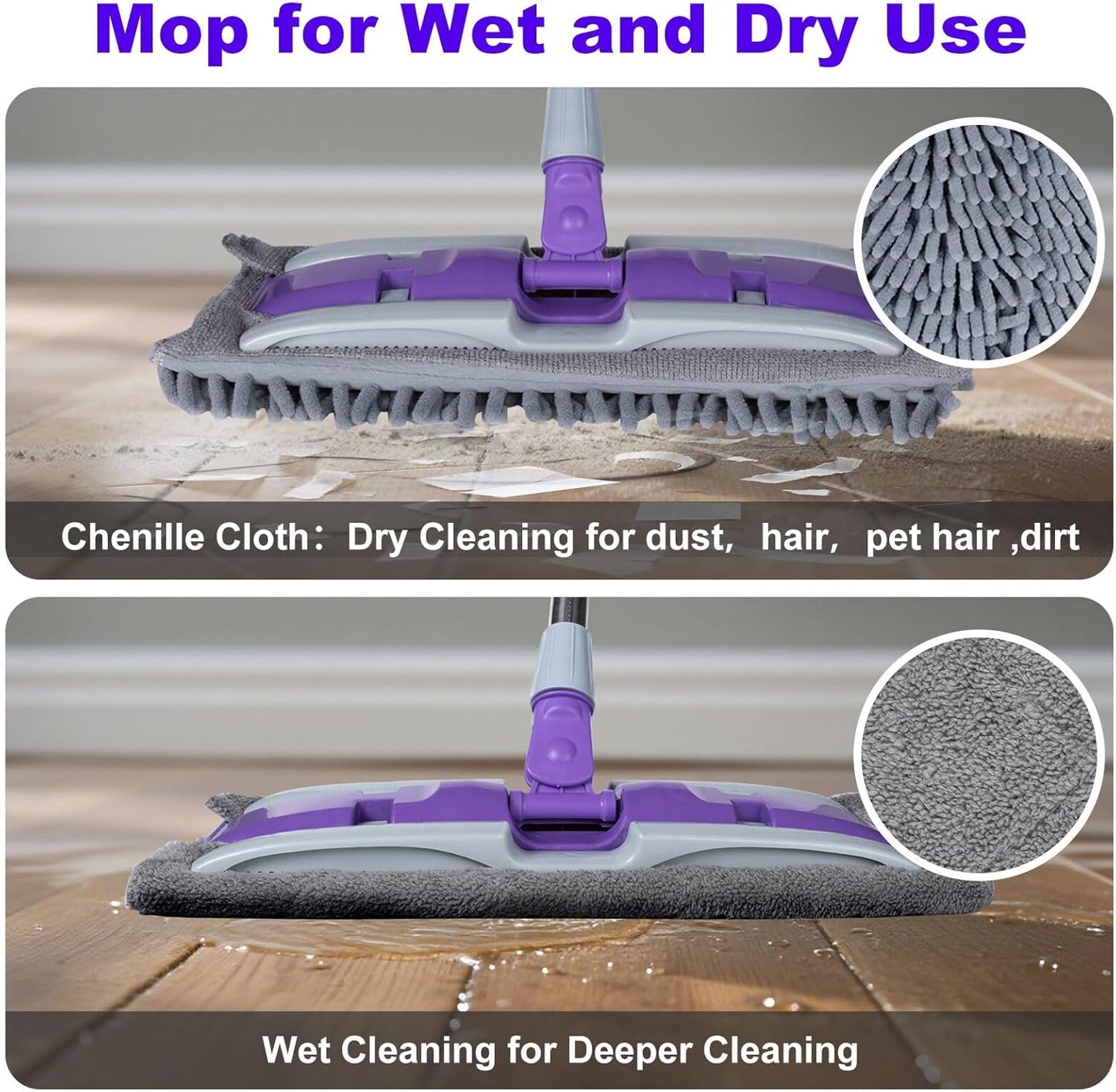 ITTAHO Microfiber Flat Mop Floor Cleaning System,Wet & Dry Dust Mopping with Stainless Steel Telescopic Handle,4 Reusable Mop Pads , Mops for Home,Laminate,Tile,Hardwoods Cleaning (Purple)