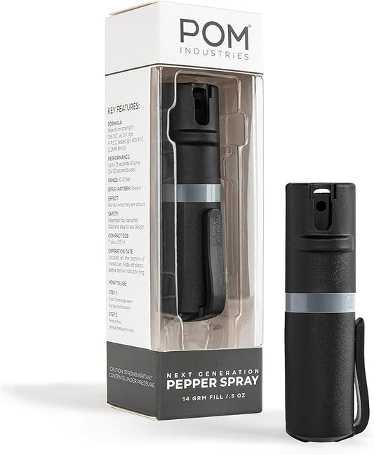 POM Pepper Spray Pocket Clip, Quick Flip Top Safety, Maximum Strength OC Formula with UV Marking Dye, Safe Compact and Tactical Design for Everyday Carry, 25 Bursts, 10 ft Range, 0.5 fl oz