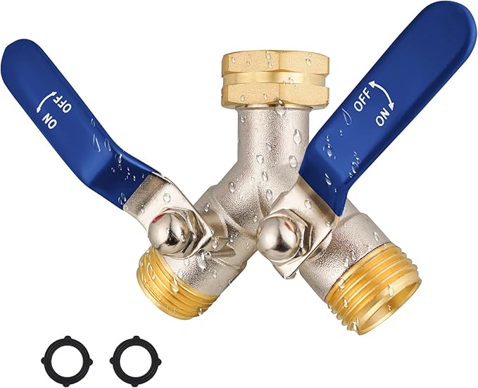 EJW Hose Splitter 2 Way, High Flow Garden Hose Splitters Full Flow Hose Splitter, Heavy Duty Brass Water Hose Splitters, Faucet Splitter, Valve 3/4 Inch GHT Thread.