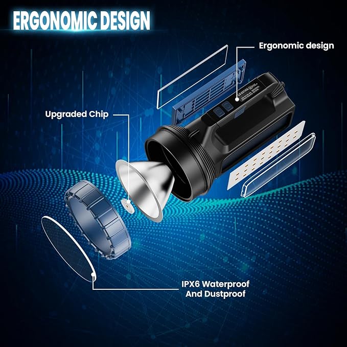 Solar Flashlight，Solar Powered Flashlight for Multi Function 8000 Lumens with Emergency，Portable Bright Camping Rechargeable Flashlights for Home, Outdoor Hiking, Power Outages