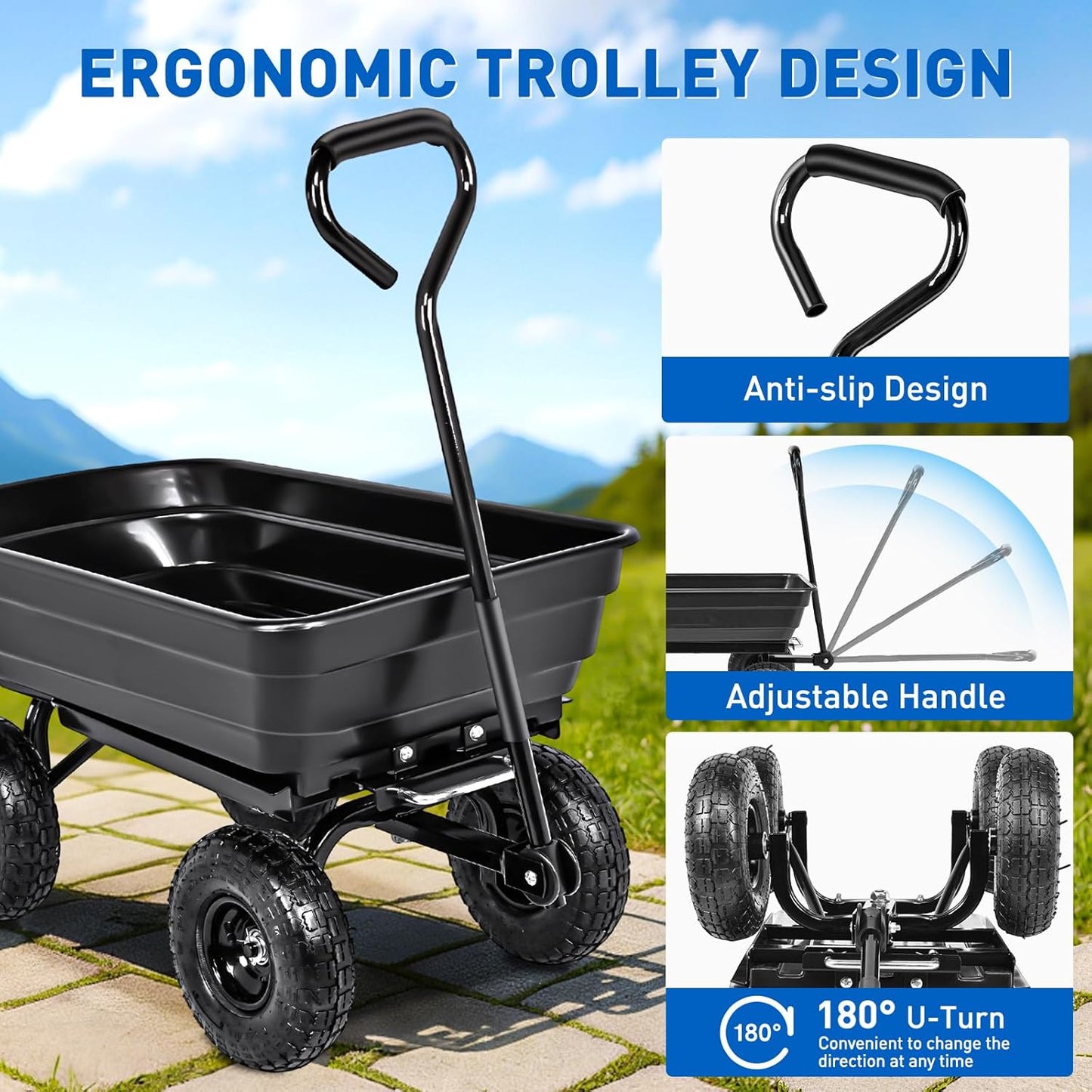 Yesker Garden Carts - 600lbs Dump Wagon with All Terrain Inflatable Wheels for Yard Lawn Farms Gardening - Heavy Duty Utility Outdoor Hauling Wheelbarrow