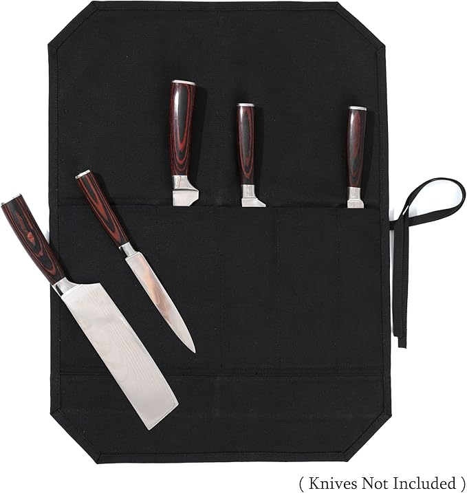 Kaaltisy Chef Knife Roll Bag, Knife Bag with 5 Slots, Specialized Cut-Resistant Fabric Lining, Heavy Duty 16oz Waxed Canvas Knife Roll Case | Black | 21" L x 15.5" W