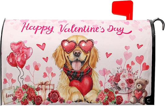Happy Valentine Mailbox Covers Magnetic Standard Size 21"x18" Golden Retriever Dog Love Heart Decorative Mail Box Post Cover Rose Anniversary Pink Mail Box Post Cover for Home Outdoor Garden