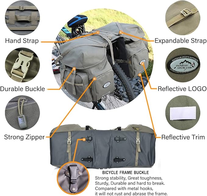 Dreamoon 50L Bike Panniers, Waterproof Bicycle Commuting Bag Saddle Bags with Rain Cover, Bike Rear Seat Bag Carrier with Reflective Trim, Cycling Organizer for Width Less Than 7 inches Rack (Gray)