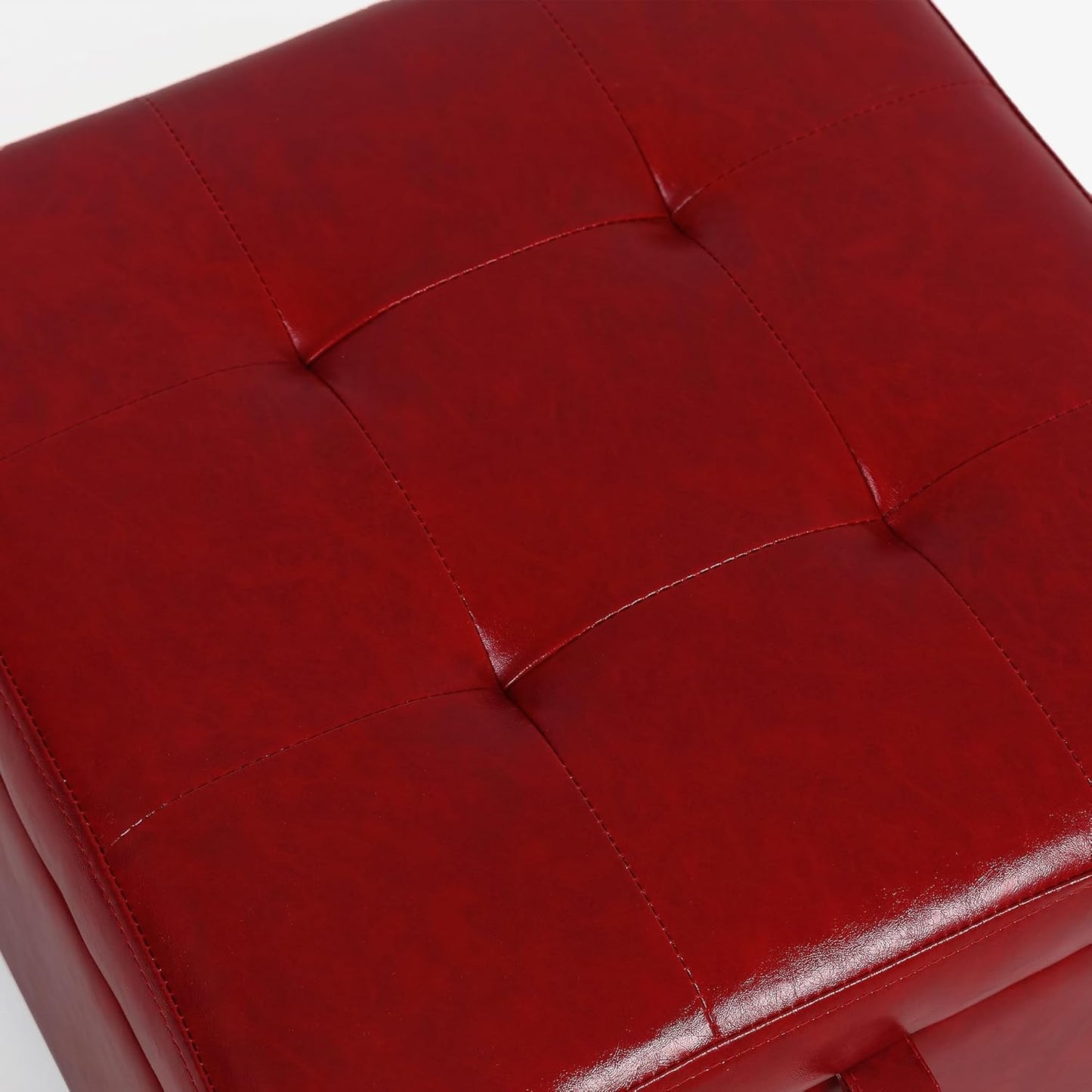 Adeco Faux Leather Storage Ottoman with Hinged Lid, 14 Inch High Red Square Cube Foot Stool with Storage, Upholstered Vanity Stool with Solid Wood Legs for Living Room, Bedroom, Dorm