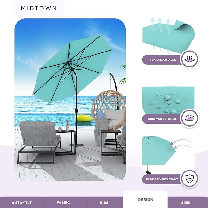 Midtown Umbrellas Sunbrella Umbrella 9 Feet Outdoor Umbrella With Sunbrella Aruba Acrylic Fabric - Auto-Tilt Aluminum Frame Patio Umbrella For Backyard, Deck, Garden, Pool - Black Pole