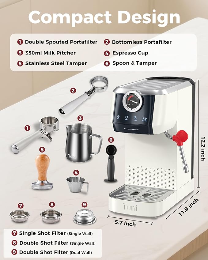 Tuni E2 58𝒎𝒎 𝑫𝒖𝒂𝒍 𝑩𝒐𝒊𝒍𝒆𝒓 𝑬𝒔𝒑𝒓𝒆𝒔𝒔𝒐 𝑴𝒂𝒄𝒉𝒊𝒏𝒆 with 𝑩𝒐𝒕𝒕𝒐𝒎𝒍𝒆𝒔𝒔 𝑷𝒐𝒓𝒕𝒂𝒇𝒊𝒍𝒕𝒆𝒓 Combo, 20 Bar Pump Semi-automatic Espresso Maker