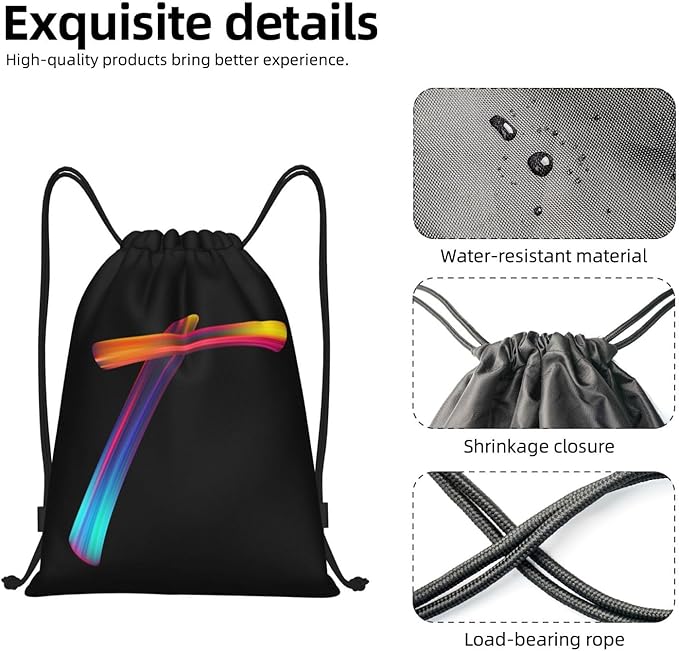 Drawstring Bags Initial Drawstring Backpack Sackpack Black Draw String Cinch Bags for Sports, Gym, Travel, Swimming, Beach, Camping, Rainbow Letter T