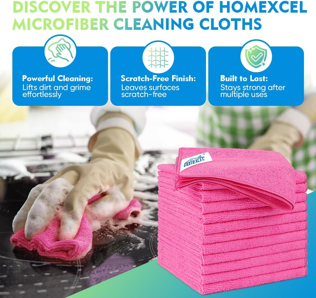 HOMEXCEL Pink Microfiber Cleaning Cloth 12 Pack, 12.5 x 12.5 inch Microfiber Towels for Cars, Ultra Absorbent Car Washing Cloth, Lint Free Streak Free Cleaning Rags for Car, Kitchen, and Window