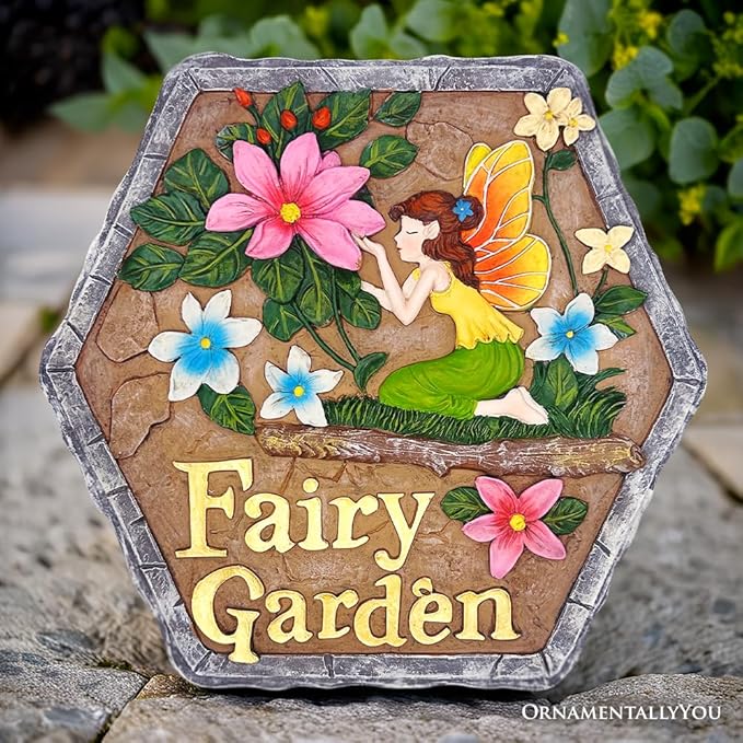Elegant Resin Stepping Stone, Outdoor Garden Pathway Decoration (Fairy Kisses and Flowers Garden Stepping Stone, 9.5" Outdoor Decoration Statue)