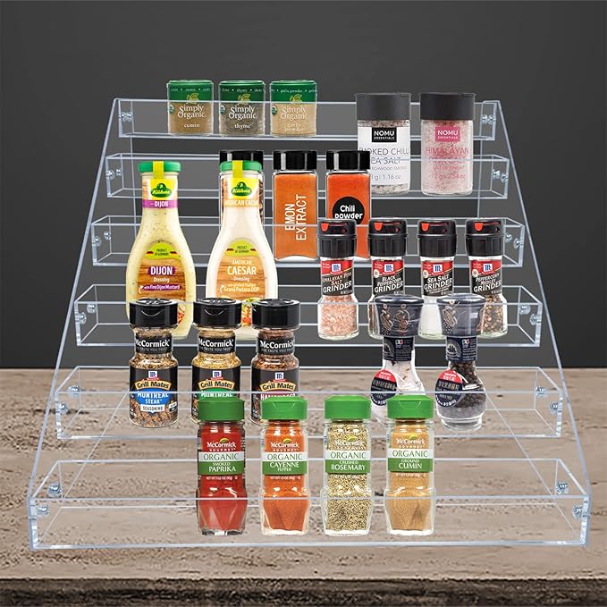 PMMASTO Tiered Spice Rack, Seasoning Organizer, Clear Acrylic Vertical Shelves Can Organizer for Countertop, Cabinet, Pantry, Kitchen Organization and Storage - 6 Tier