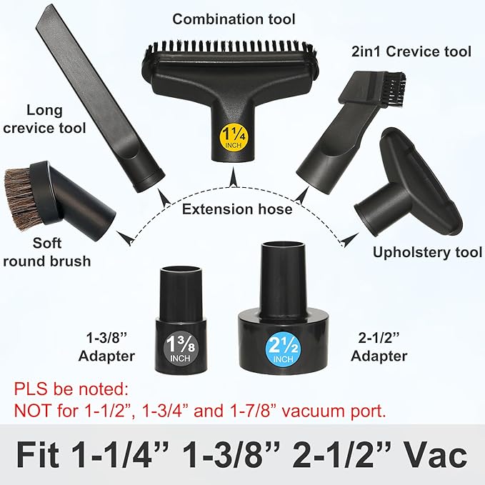 Shop Vac Car Detailing Attachments (Soft Horsehair Dusting Brush Long Crevice Tool Nozzle Hose Adapter) for 1-1/4" 1-3/8" 2-1/2" Shopvac Wet Dry Vacuum Cleaner (Car Interior Kit B)