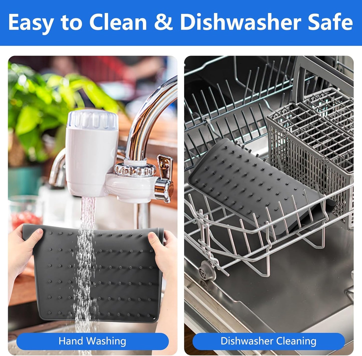 Silicone Dish Drying Mat for Kitchen Counter, Dish Drainer Mat, Non-Slip Drying Pad with Built-in Drain, Kitchen Drying Matt For Counter(18.9" x 11.8", Black)