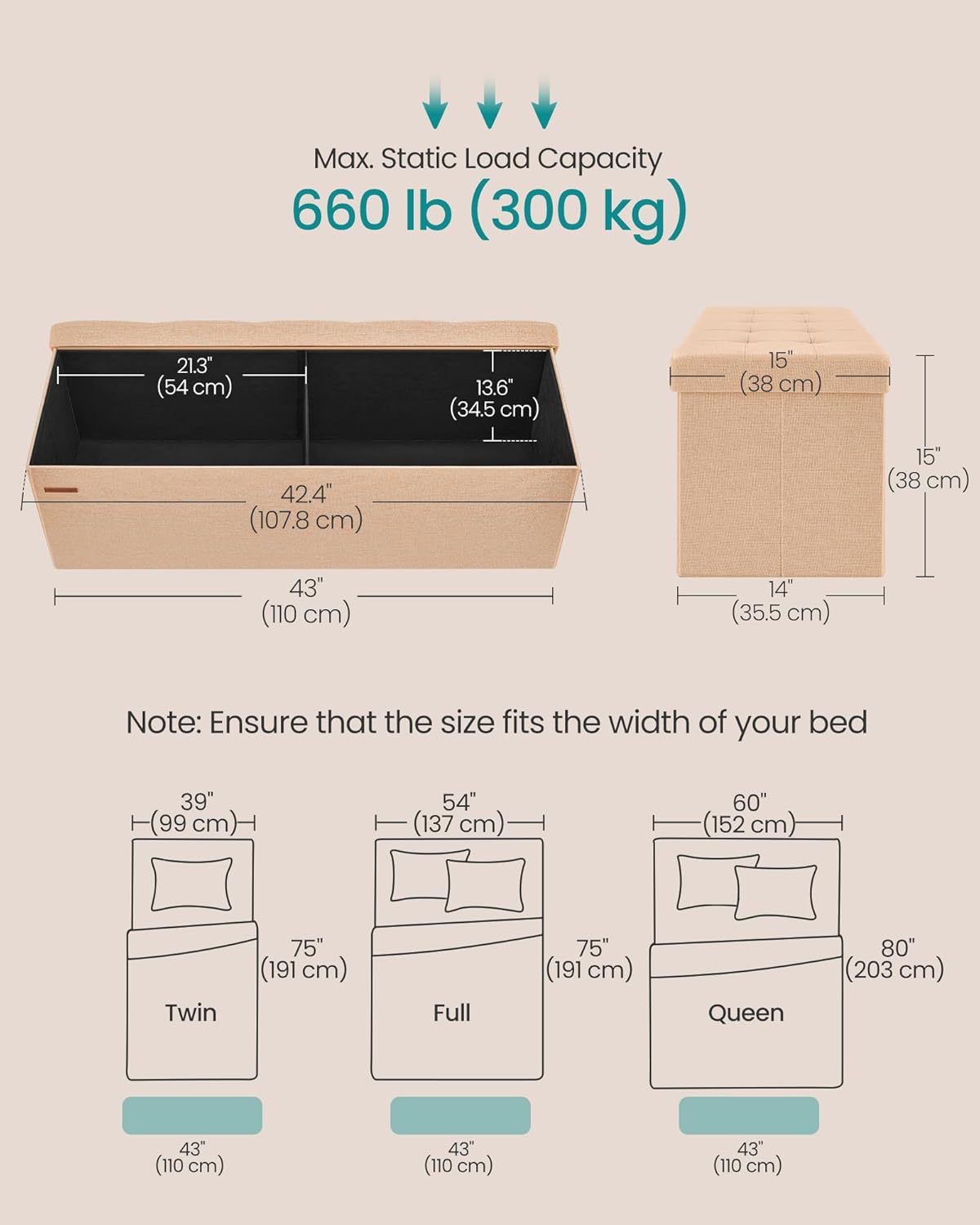 SONGMICS Mazie Collection - Storage Ottoman Bench, 43 Inches Folding Foot Rest Stool, End of Bed Bench, Easy Assembly, for Living Room, Bedroom, Entryway, Apricot Orange ULSF077O01