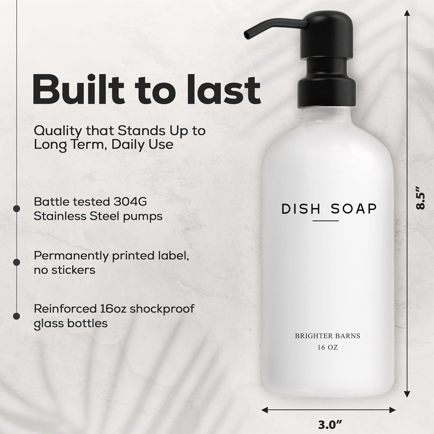 White Glass Hand and Dish Soap Dispenser Set by Brighter Barns - Kitchen Soap Dispenser & Stainless Steel Pump - Glass Bottles for Kitchen Sink - Farmhouse Home Decor, Bathroom Accessories (White)