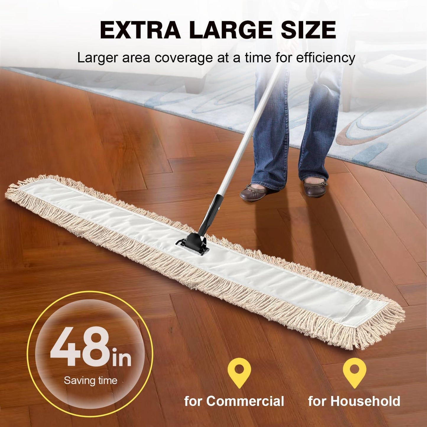 Commercial Dust Mop & Floor Sweeper，48" Industrial Dry Mop with Heavy Duty Long Handle, Premium Cotton Dust Mop Head for Hardwood Floors, Industrial, Commercial, and Residential Cleaning