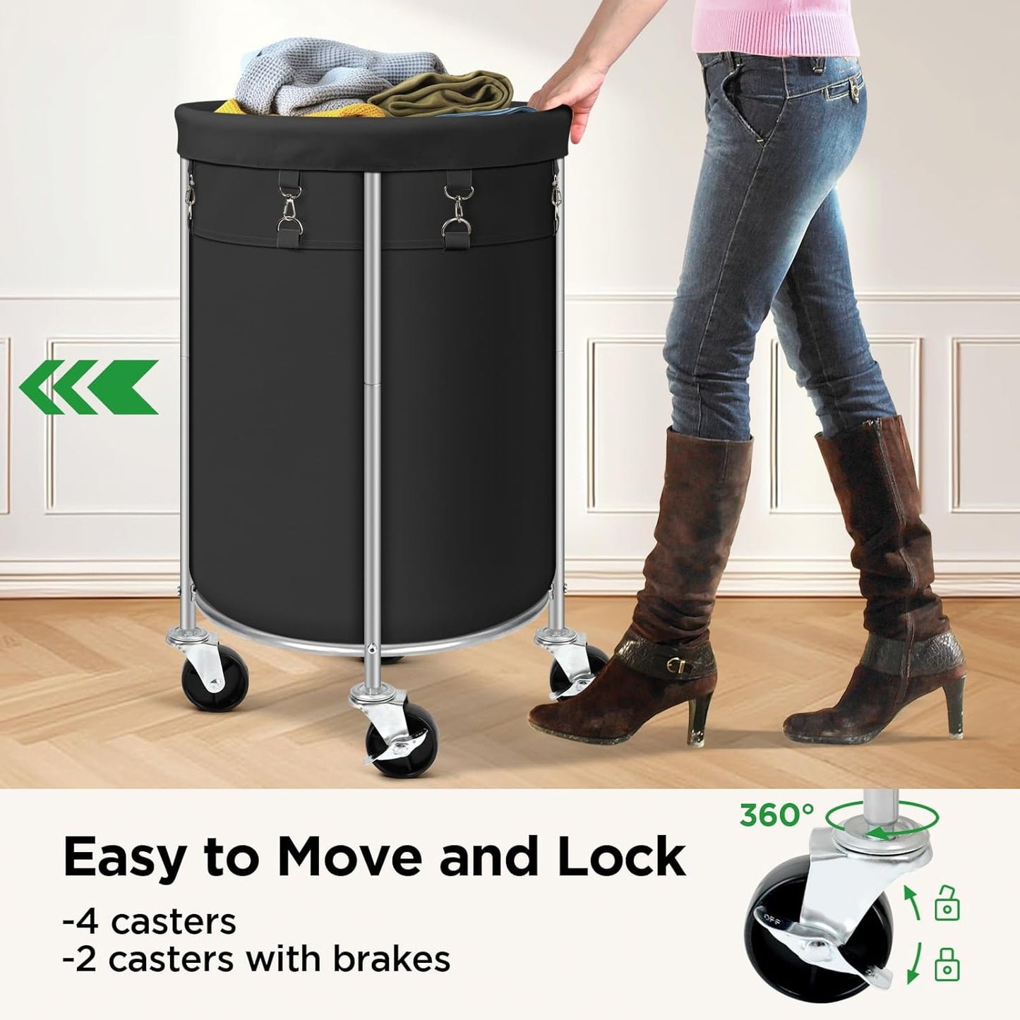 Laundry Hamper with Wheels, 100L Round Rolling Laundry Basket Sorter with Removable Bag, Clothes Cart Organizer with Steel Frame for Bedroom, Bathroom, Laundry Room, Black