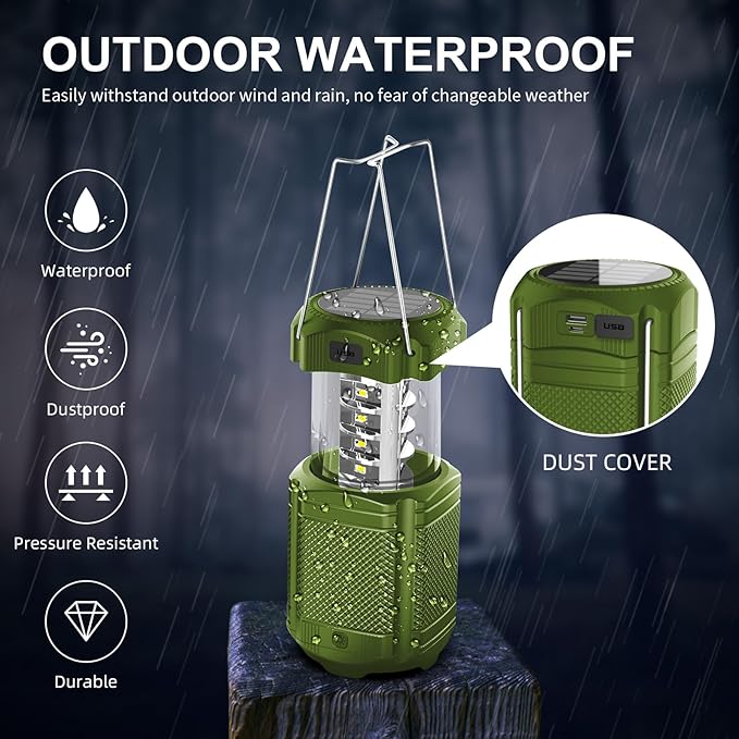 Camping Lantern 5000mAh Solar Hand Crank Telescopic LED Flashlight USB Charger for Power Outages ,Portable Rechargeable Battery Powered Operated Lanterns Lamp, Camping Gear Accessories (Green)