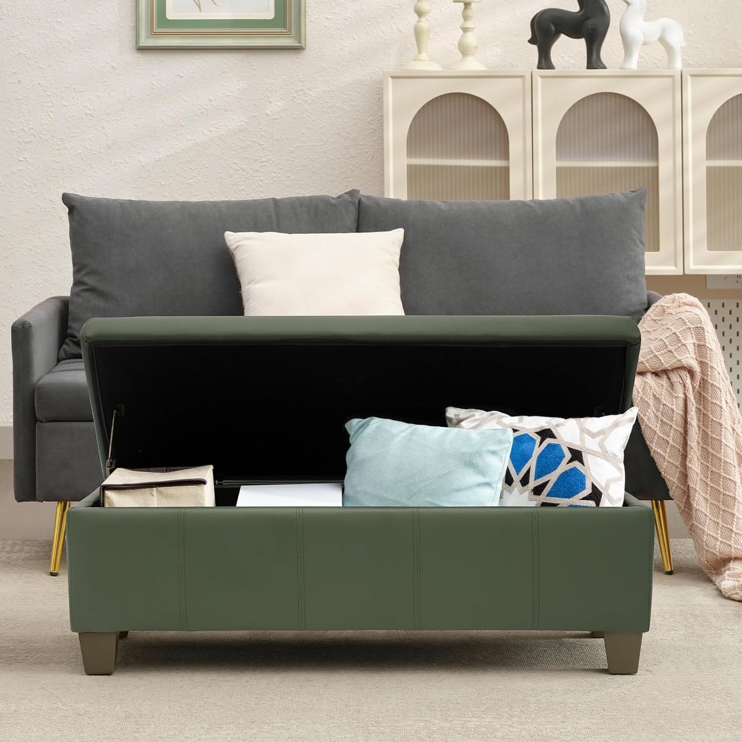Teal Faux Leather Ottoman with Storage, Rectangular Extra Long Storage Bench for Bedroom and Living Room