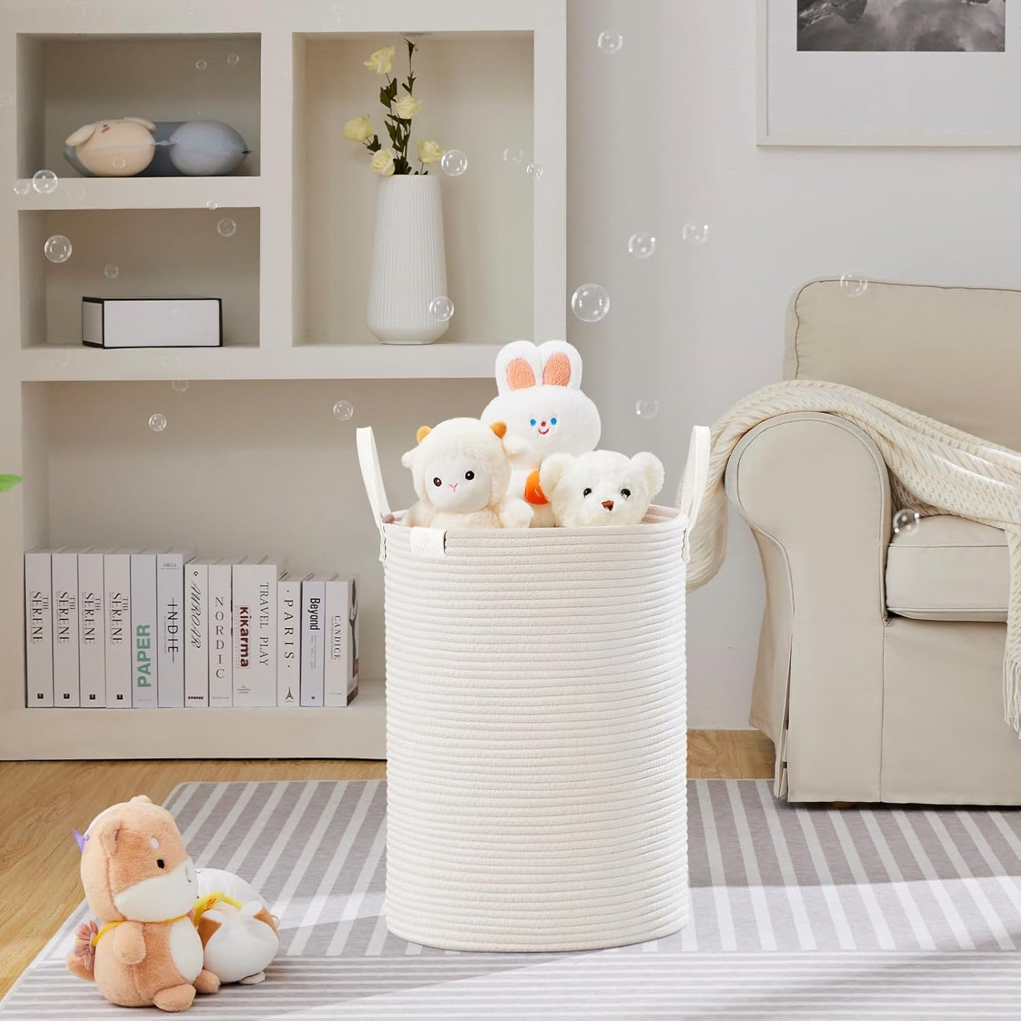 VIPOSCO Tall Laundry Basket, Large Dirty Clothes Hamper with Leather Handle, Woven Rope Storage Basket for Blanket, Toy In Living Room, Bathroom, Bedroom - 72L White