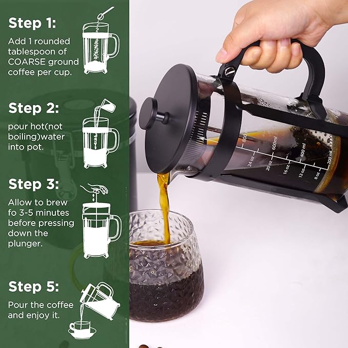 French Press Coffee Maker, 34 Ounce 1 Liter, Stainless Steel, Cold Brew Heat Resistant Borosilicate Glass Espresso Coffee & Tea Maker with 4 Filter