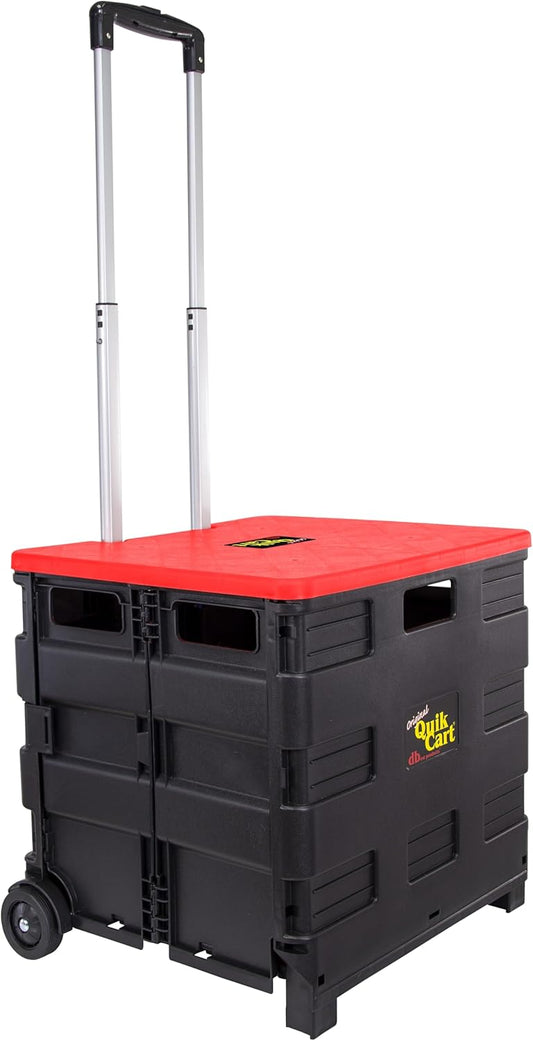 dbest products Quik Cart Collapsible Rolling Crate on Wheels for Teachers Tote Basket 80 lbs Capacity, Made from Heavy Duty Plastic and used as a Seat, Standard, Red
