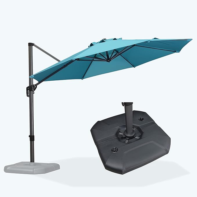 PURPLE LEAF 11 Feet Patio Cantilever Umbrella with Base Outdoor Umbrella Round Aluminum Offset with 360-degree Rotation for Garden Deck Pool Patio, Turquoise Blue