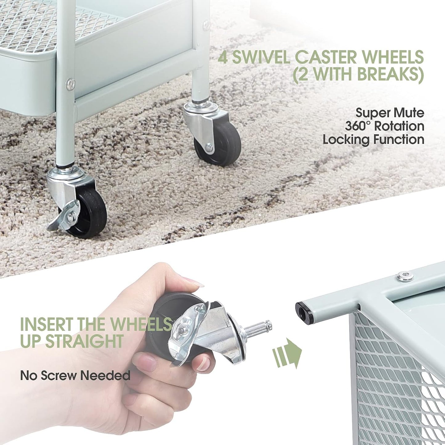 TOOLF 3-Tier Rolling Cart, Metal Utility Storage Cart with DIY Pegboards, Art Craft Trolley with Baskets Hooks, Serving Organizer Easy Assemble for Office, Home, Kitchen, Classroom (Green)