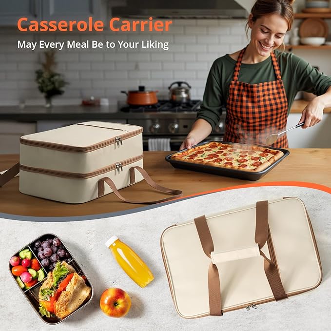 Double Insulated Casserole Carrier for Hot or Cold Food,Pie Carrier Bag Lunch Tote for Potluck Parties/Picnic/Cookouts, Fits 9"x13" Baking Dish, Beige