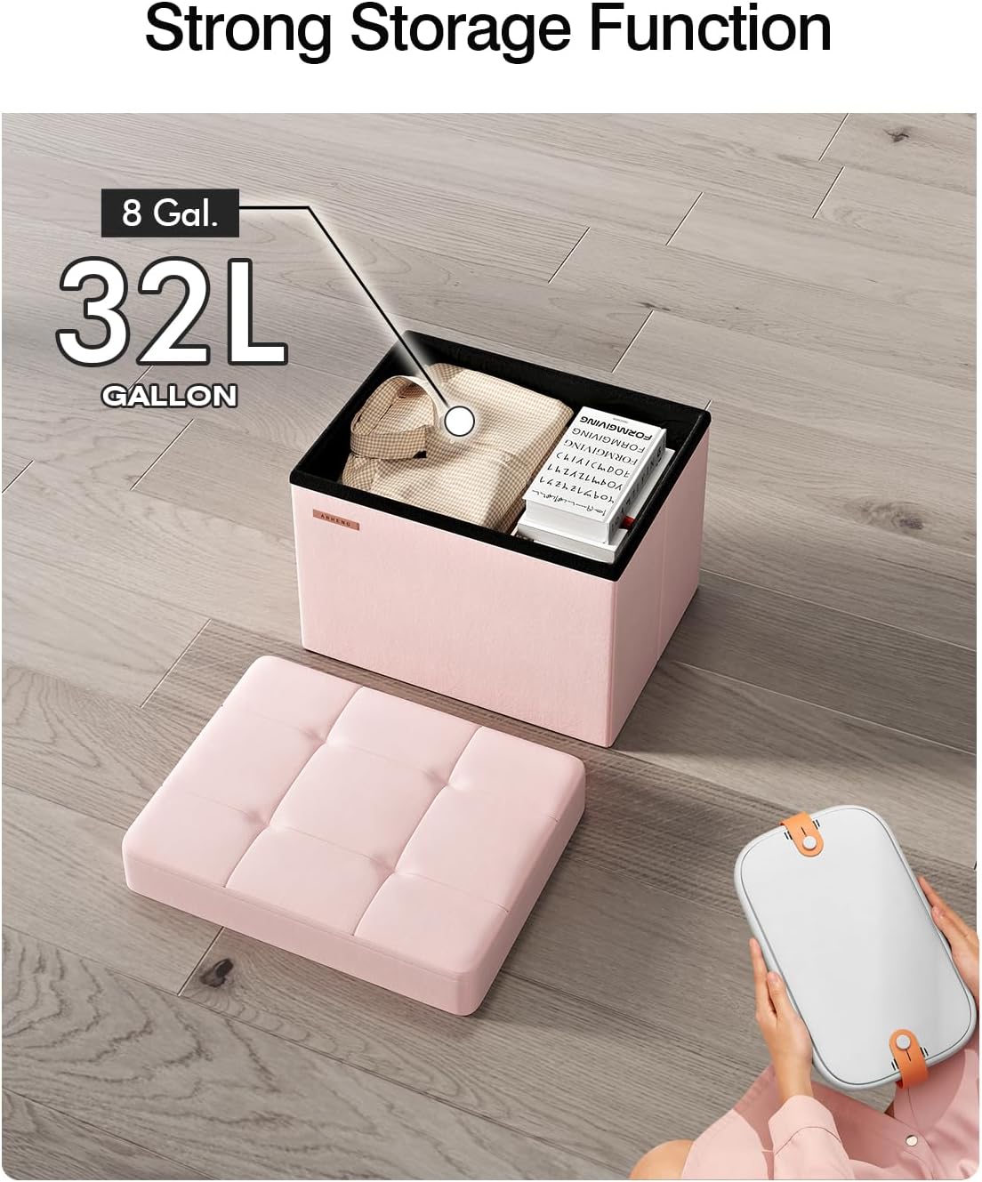 Folding Storage Ottoman, Velvet Storage Bench, Footrest, Foot Stool,for Living Room, Bedroom and Office,12.2 x 16.1 x 12.2 Inches, 200 kg Load Capacity,Jelly Pink,UASND03P