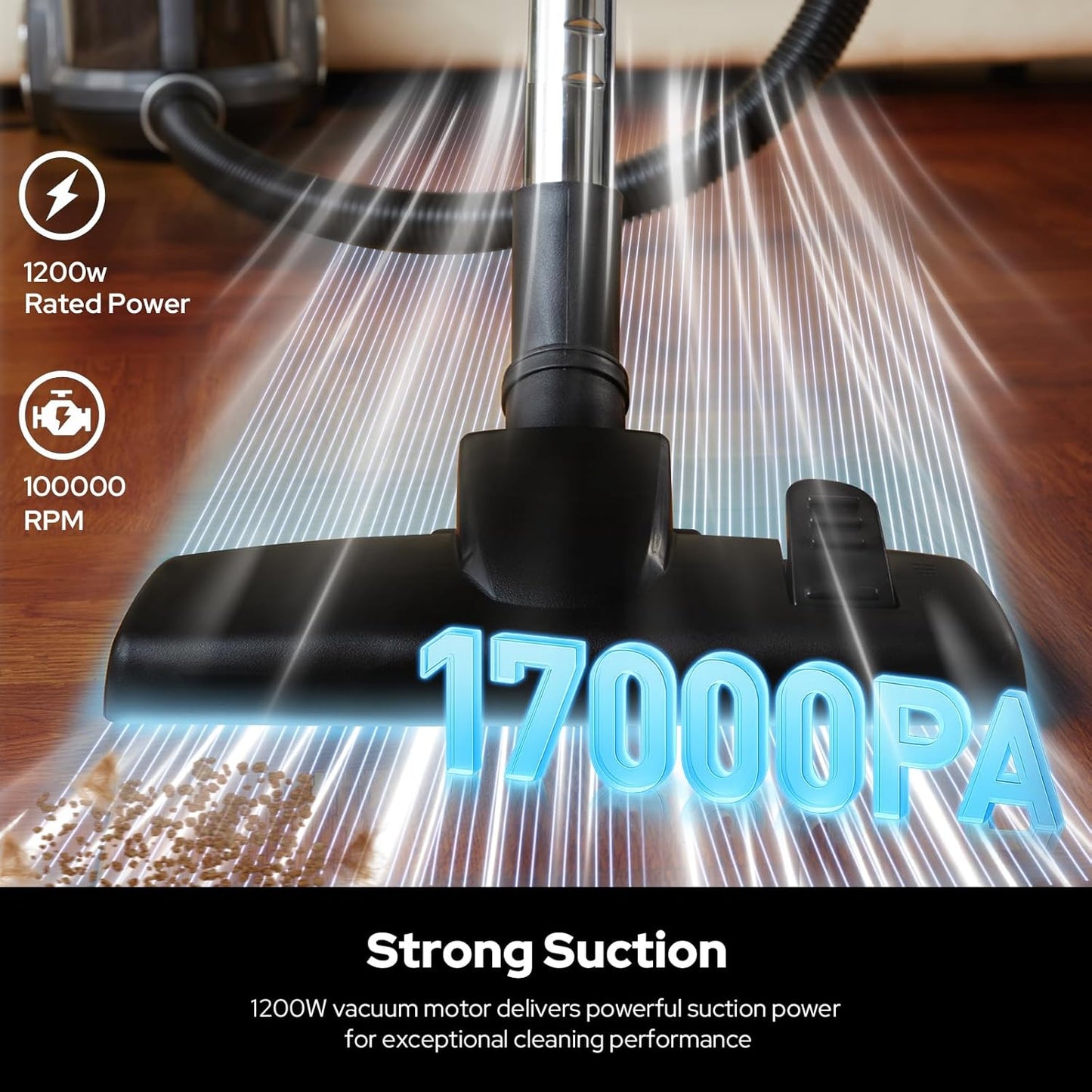 Aircliff Canister Vacuum Cleaner, Specially Designed Nozzle for Pet Family, 1200W & 17Kpa Strong Suction, 2 HEPA Filters & 5 Cleaning Tools for Hard Floor, Carpet, Upholstery, Pet Hair(Sliver)