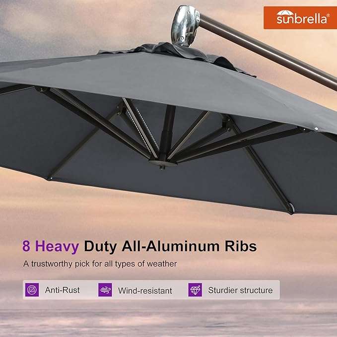 PURPLE LEAF 10FT Cantilever Patio Umbrella with 360-degree Rotation Aluminum Round Outdoor Offset Handing Umbrella for Patio Pool, Deep Grey