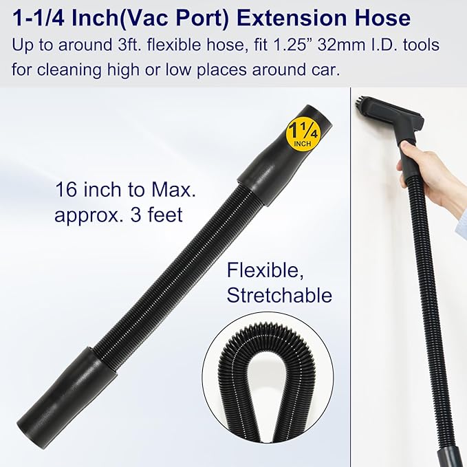 Portek 1 1/4" Car Details Kit with 1 3/8" Vac Hose Adapter, 1-1/4 Inch Universal Home Car Attachments Cleaning Tools and 1-3/8 Inch Adaptor as Shop Vac Miele Eureka Vacuum Cleaner Accessories