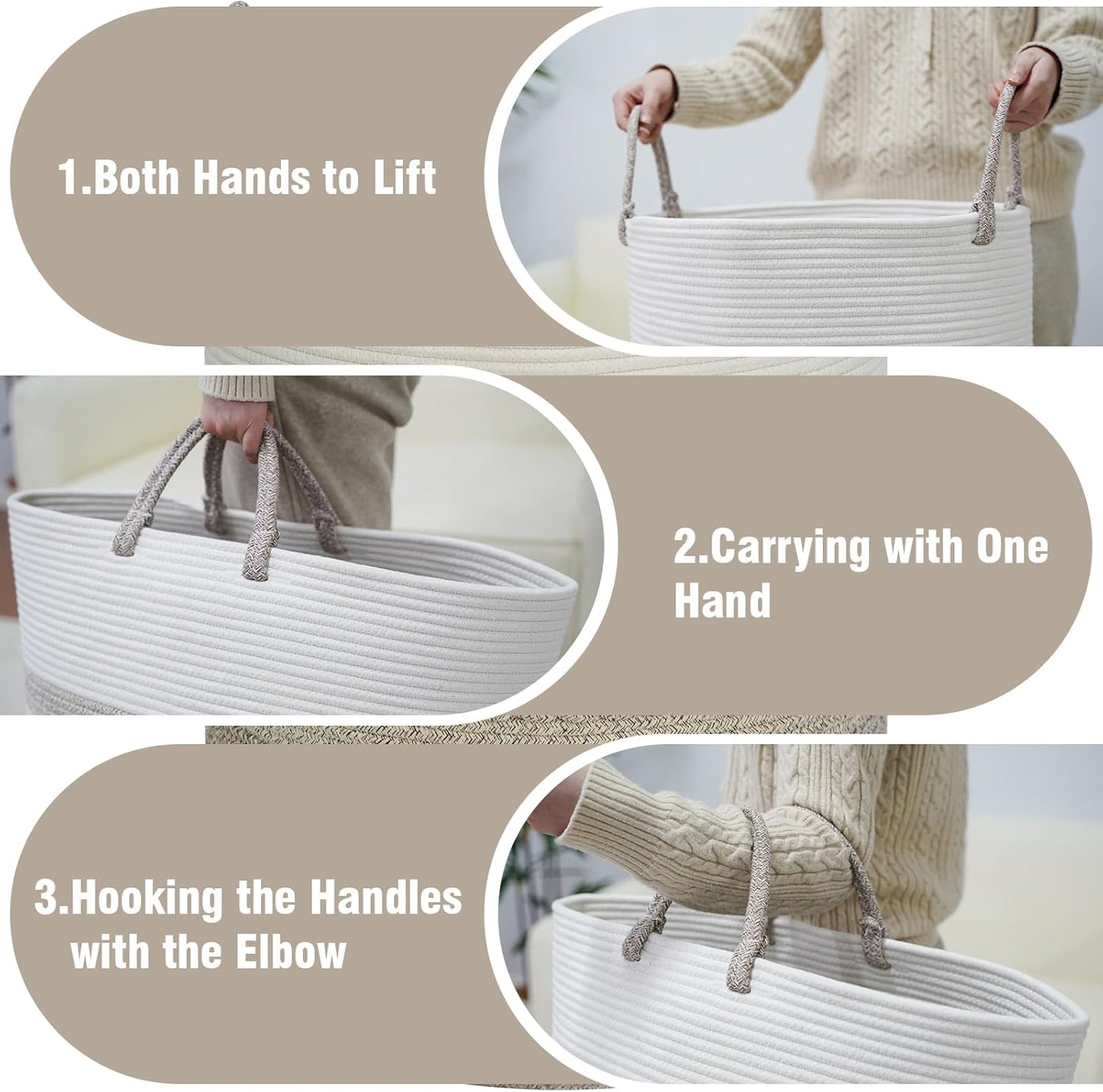 danpinera 79 L Large Laundry Basket, Tall Woven Cotton Storage Hamper with Handles, Dirty Clothes Hamper in Bathroom, Decorative Storage Basket for Living Room Gradient Brown