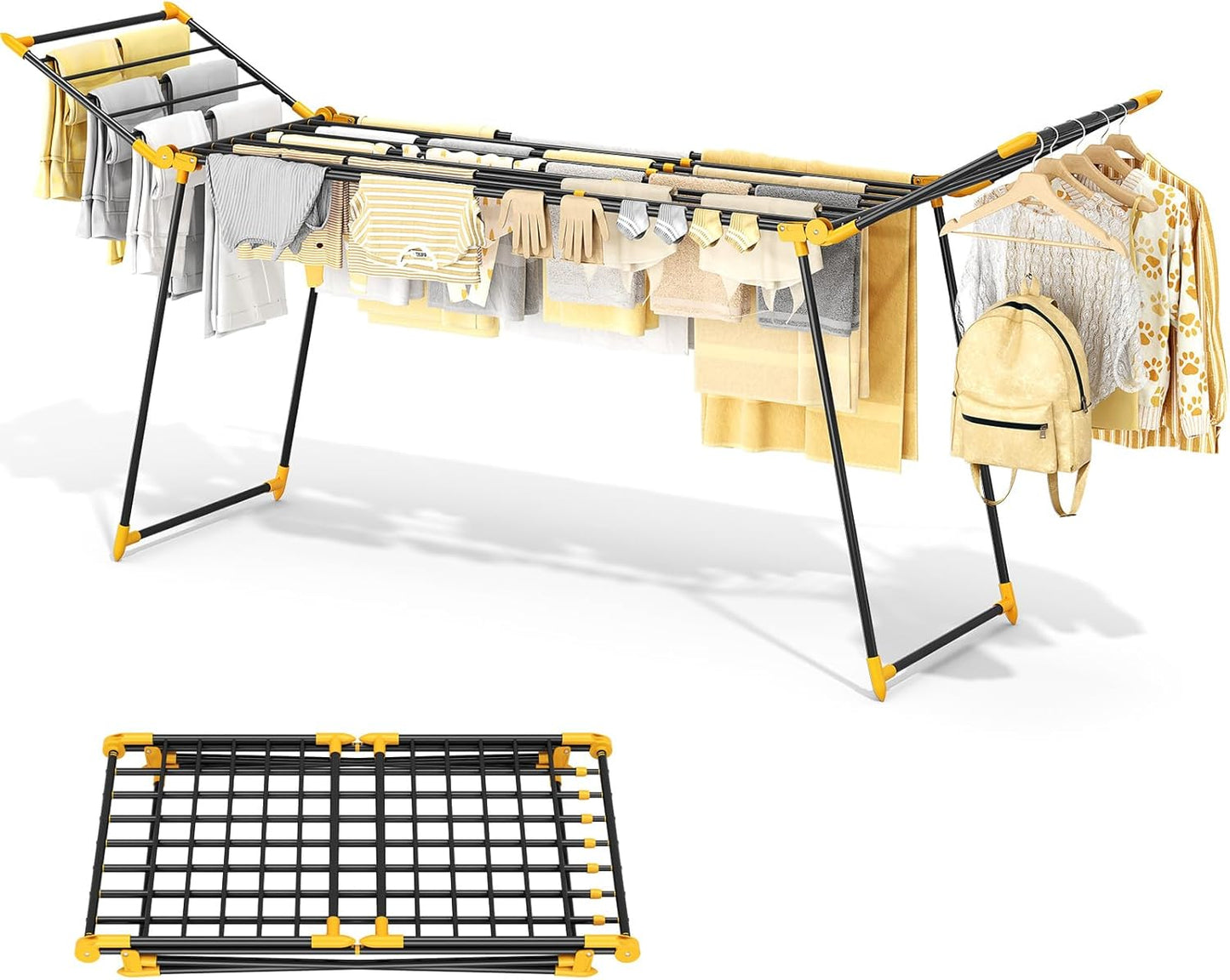 APEXCHASER Clothes Drying Rack Foldable, Large Drying Rack Clothing Retractable, Metal Clothes Airer for Bedding Towel Sweater Heavy Duty, Indoor Outdoor Use, 21.9"W x 100"L x 39"H, No Assembly,Yellow