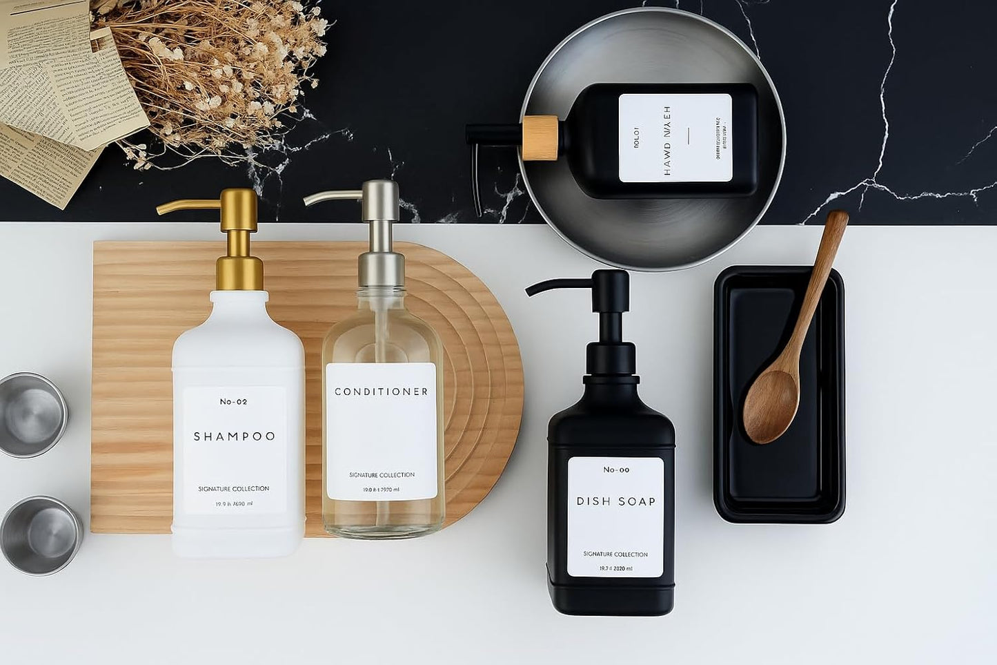 Emerson Essentials Glass Soap Dispenser Set – 16 oz 2-Pack – Refillable Dish & Hand Soap Dispensers for Kitchen or Bathroom – Stainless Steel Pump & Waterproof Labels Included