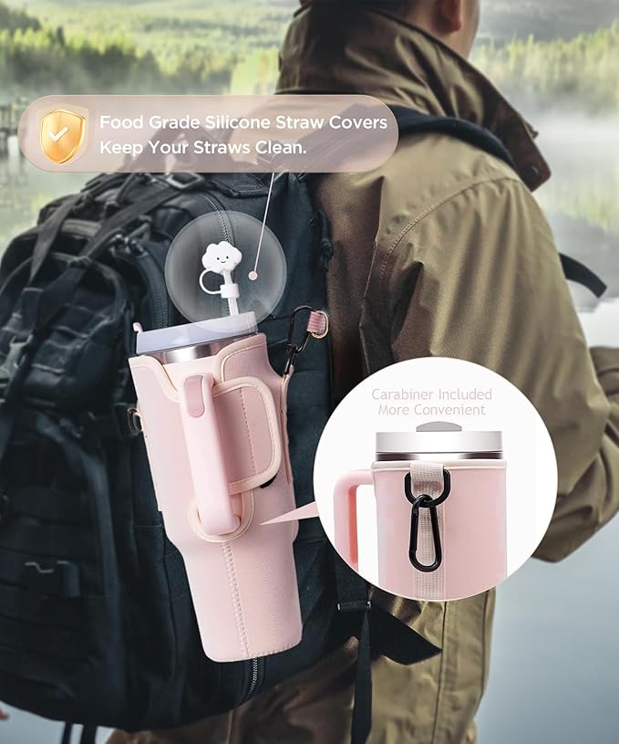 dabria Initial A-Z Water Bottle Bag with Phone Pocket for Stanley 40 oz Tumbler Neoprene Water Bottle Holder Pouch with Adjustable Strap Bollus with Straw Cover & Carabiner for Stanley Cup Accessories