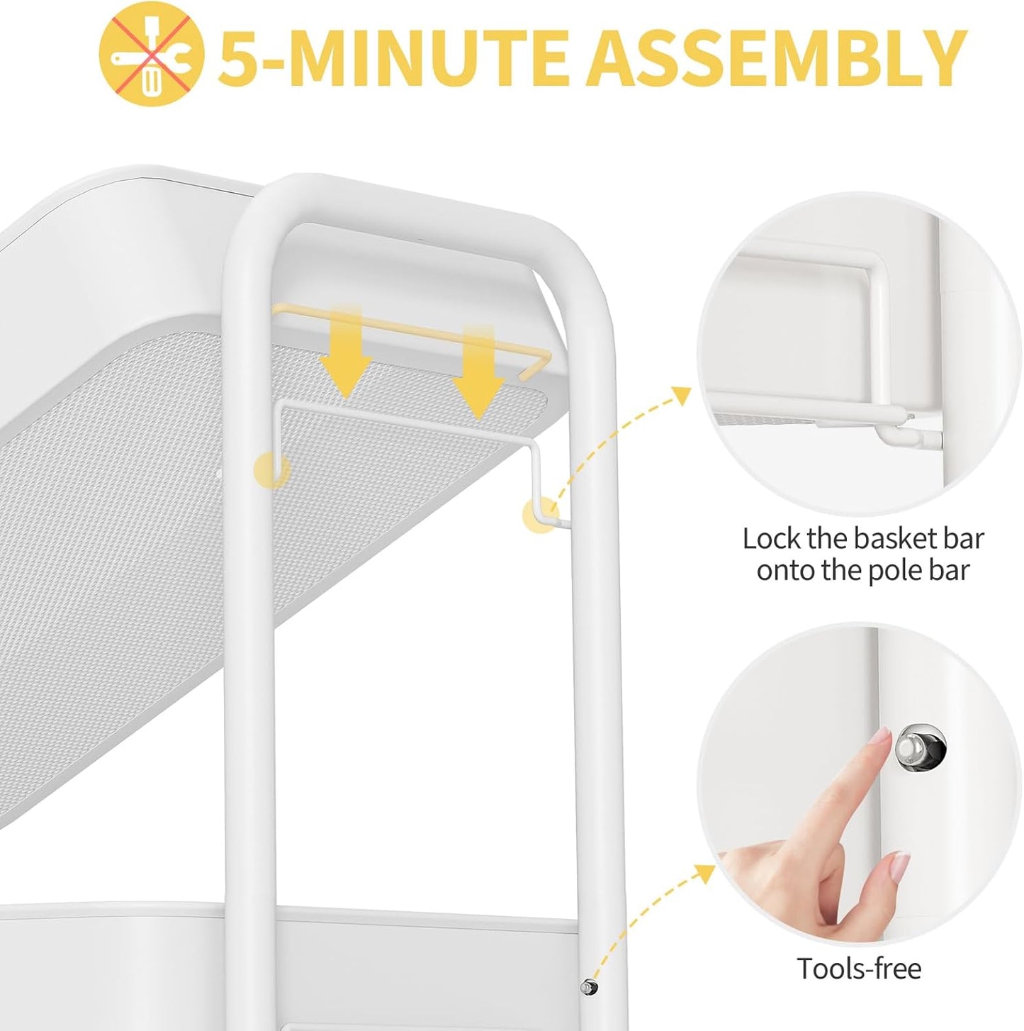 TOOLF 3 Tier Rolling Cart Storage Organizer, Metal Rolling Utility Cart with Wheels, Hooks & Bins Esthetician Craft Art Sturdy Storage with Pegboard for Bathroom, Kitchen, Office, Nursery Diaper