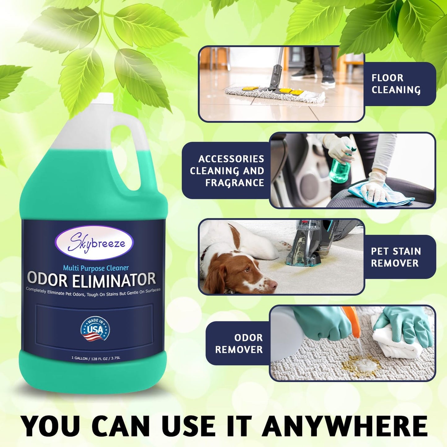 Multi Purpose Cleaner Pet Odor eliminator - pH Neutral - Strong Odor Floor Cleaner - Pet Odor Eliminator for Home - Best Scent Remover for Cat and Dog Pee All Purpose Cleaner 1 gallon (Sky Breeze)