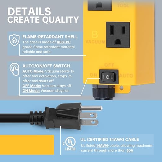 Ortis Automatic Vacuum Switch with Auto/On/Off Control, Smart Current Sensing, and Delayed Vacuum Start to Prevent Overload and Breaker Trips,Ensuring a Safer and Cleaner Workspace, Yellow