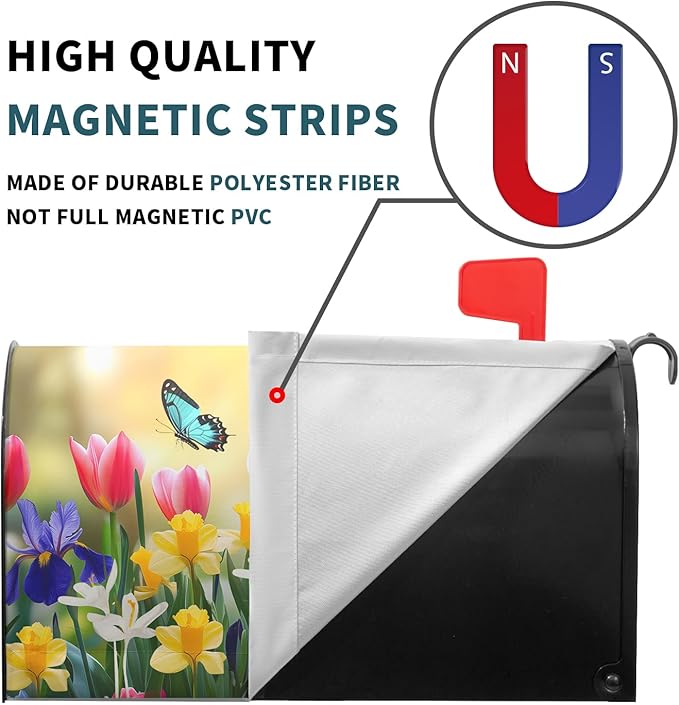 Spring Flowers Mailbox Covers Magnetic Standard Size 21’’x18’’ Floral Butterfly Letter Box Wrap Spring Summer Seasonal Waterproof Post Letter Box Wrap Decor for Home Outdoor Garden Yard
