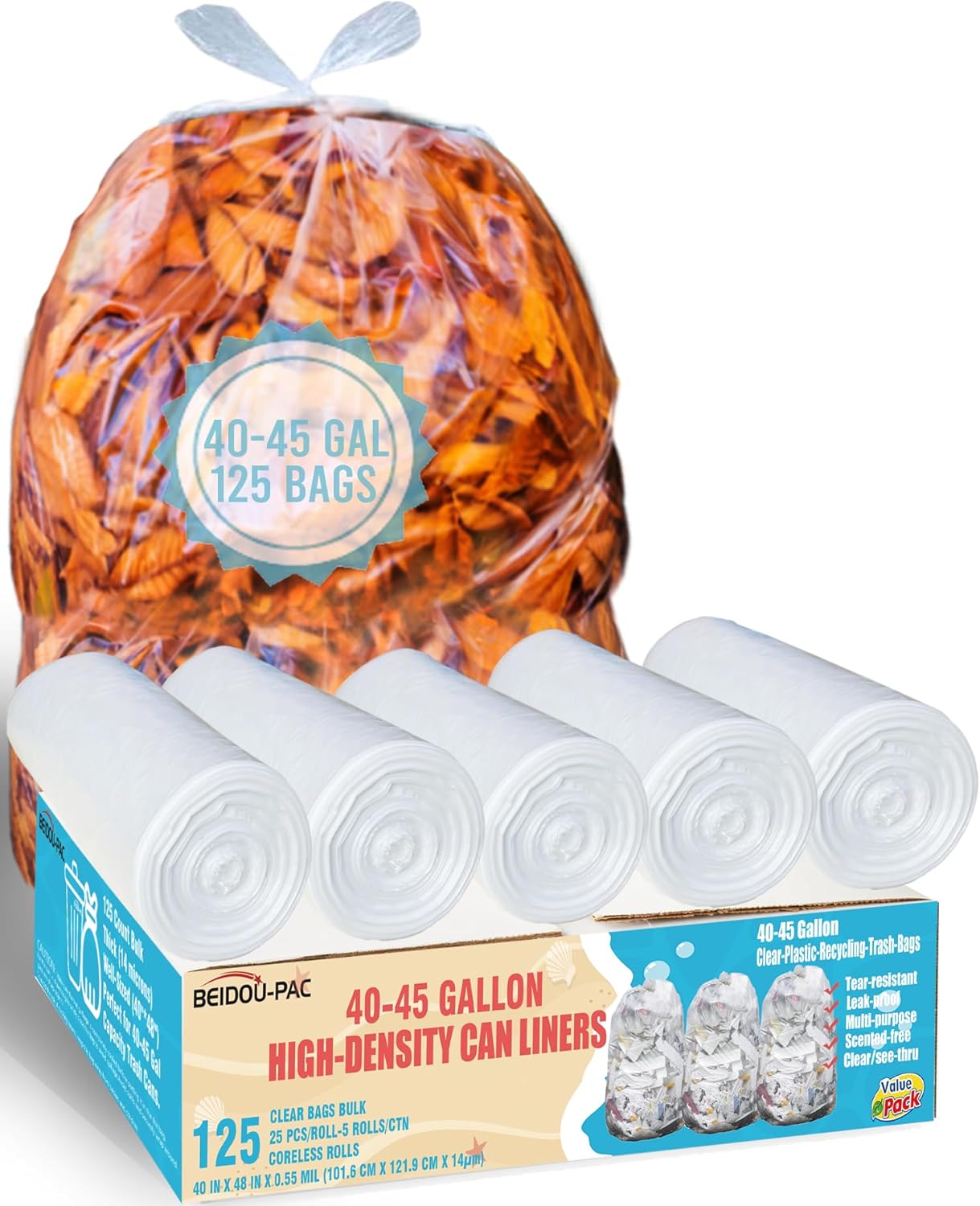 40-45 Gallon Lawn & Leaf Trash Bags, 125 Count Bulk, Heavy Duty Clear Plastic Recycling Bags, Multi-purpose Garbage Bags for Home Commercial, Outdoor, Construction, Industrial