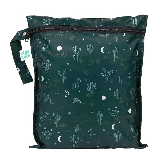 Bumkins Waterproof Wet Bag for Baby, Travel, Swim Suit, Cloth Diapers, Pump Parts, Pool, Beach, Gym Clothes, Toiletry, Hook to Stroller, Daycare, Zipper Reusable Wetdry Packing, Starry Cactus Dk Green