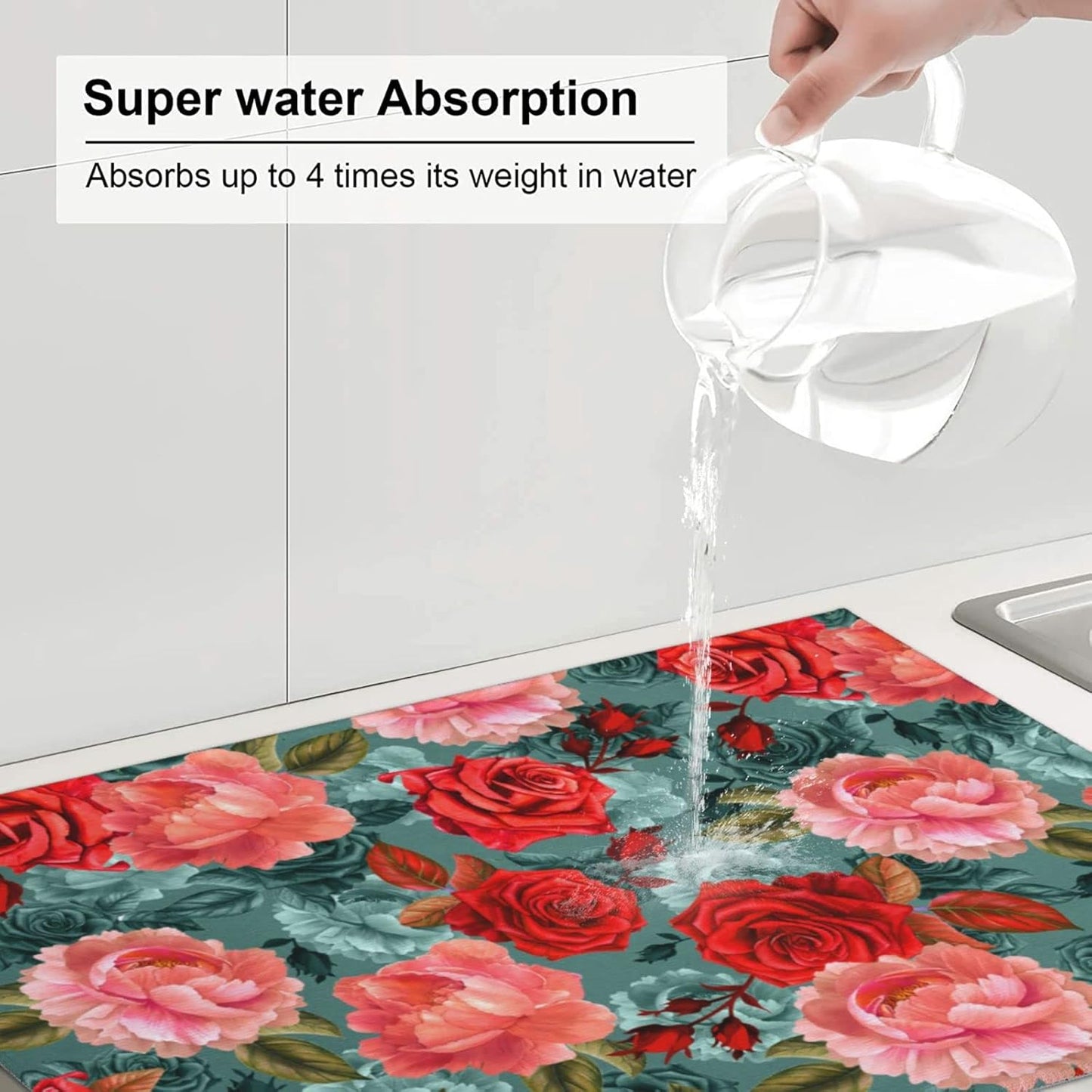 Floral Boho flowers Dish Drying Mat For Kitchen Counter 18 X 24 Inch Absorbent Dish Mat Reversible Drainer Drying Kitchen Mat