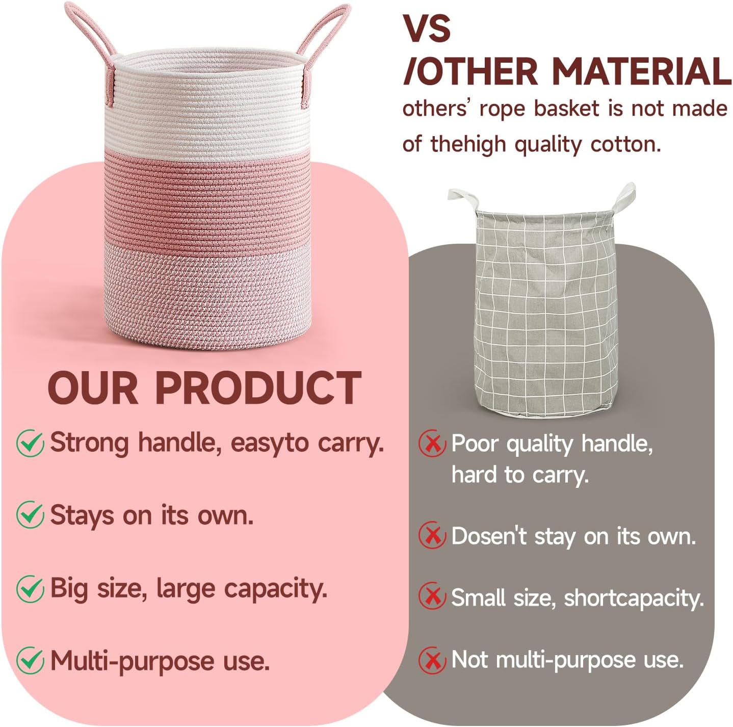 CLHMILY&Z 60L Laundry Basket Round Storage Rope Basket - 15x20.5 Inches - Pink Hamper in Bedreoom and Cute Storage Bin for Blankets, Toys, and Nursery Essentials