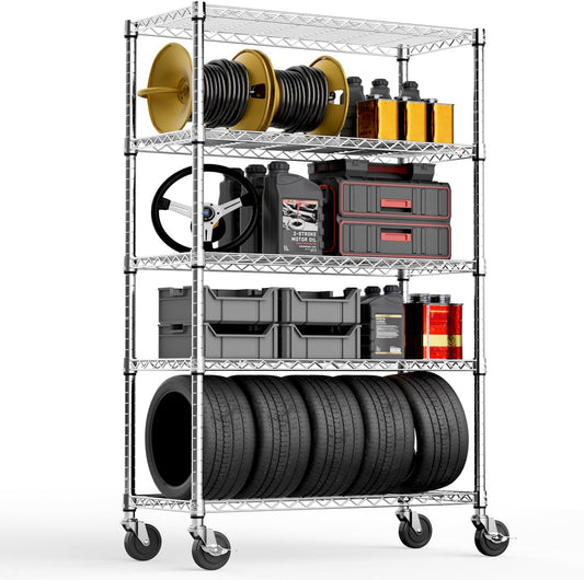 5-Shelf Storage Shelves,Wire Shelving Heavy Duty Metal Storage Shelving Unit Adjustable Garage Shelving Rack Pantry Kitchen (Chrome, 5 Tier,17.7" D x 47.2" W x 76.7" H)
