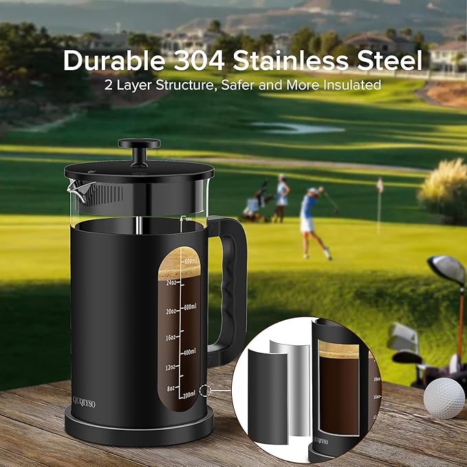QUQIYSO French Press Coffee Maker, 304 Stainless Steel French Press with 4 Filter, Heat Resistant Borosilicate Glass, Easy to Clean, BPA Free Coffee Press Rust-Free Coffee Maker, 34 ounce, Black
