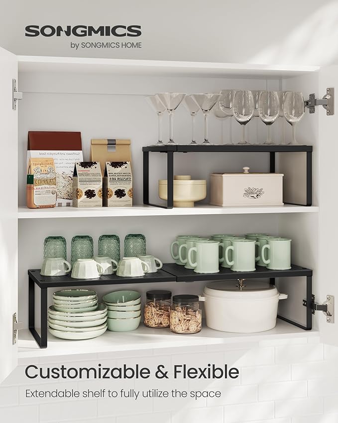 SONGMICS Spice Rack, Expandable Kitchen Countertop Shelf, Small Cupboard Organizer, Metal, Space-Saving Tabletop Shelf, Matte Black UKCS007B01